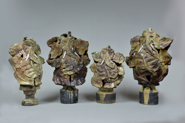 Quattro Ganesh grandi, cm 40x60x30, ceramica raku, 2010