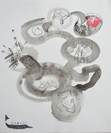 Radici, cm. 46x55, collage china e acquerello, 2009